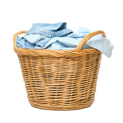 Obraz premium Laundry basket clean clothes cleaning chores housework, clean clothes and Wicker basket with clean laundry isolated on white background