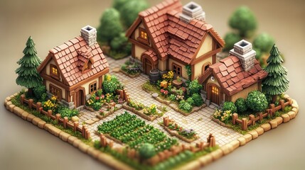 Charming miniature village with houses and gardens.