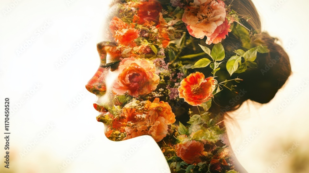 Fototapete vibrant double exposure capturing a mother's face adorned with a flourishing array of colorful flowe