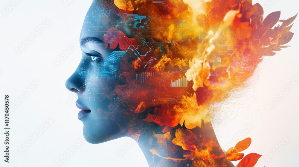 Aufkleber vibrant double exposure featuring a woman's profile with fiery and technological elements blending t