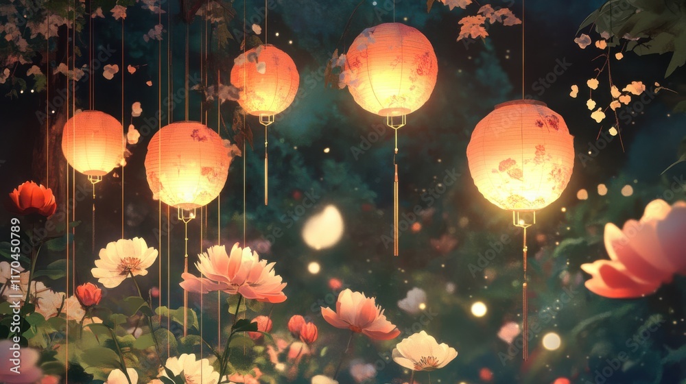 Poster bright and colorful tribute ceremonies with lanterns and flowers in a serene garden setting