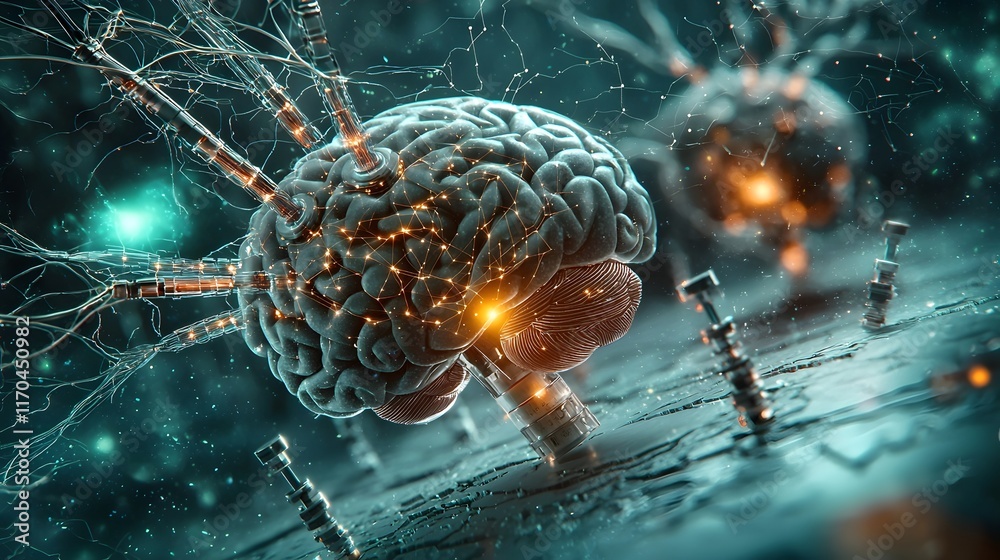 Poster a quantum powered analysis of complex brain surgeries showcasing glowing data streams and neural con