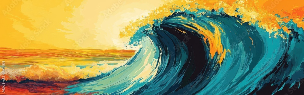 Poster bold tropical wave design captures the vibrant essence of a sunny seaside setting with dynamic color