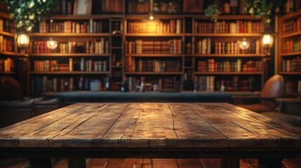 Cozy Library Interior with Old Wooden Table and Blurred Bookshelves
