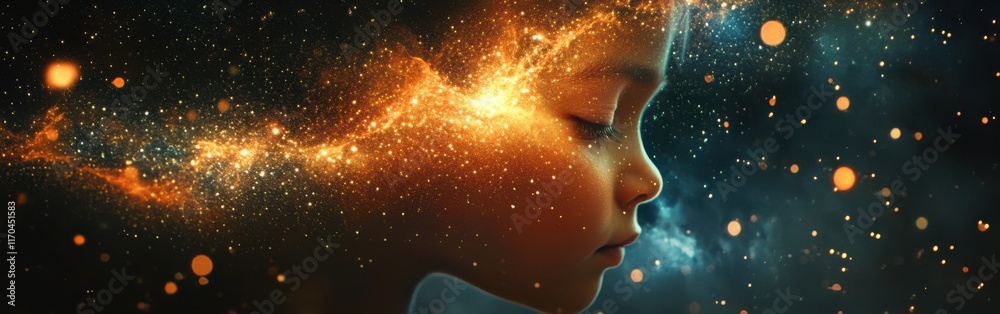 Poster Surreal visualization of a child's face blending with cosmic elements in a dreamlike landscape of stars and colors