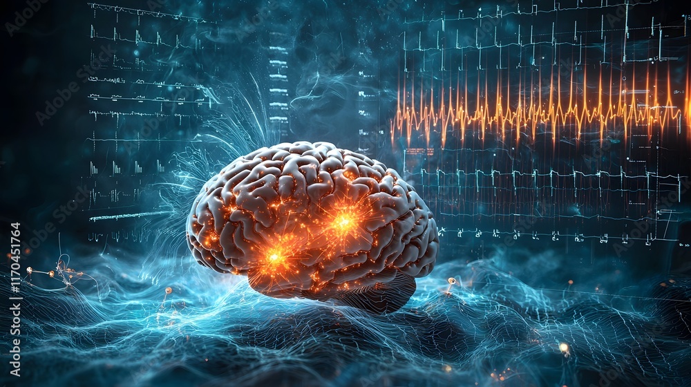 Poster quantum computing simulation of brain wave activity during neurosurgery with glowing holographic dis