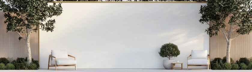 A minimalist outdoor space featuring two benches, lush greenery, and a blank wall, perfect for relaxation and tranquility.