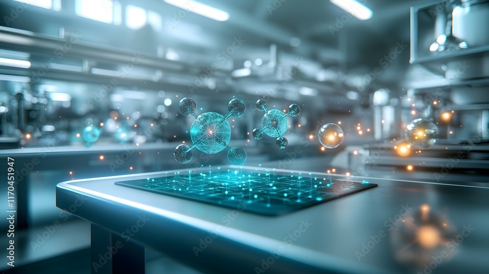 Poster futuristic quantum computing laboratory showcasing a visualization of atomic structures through glow