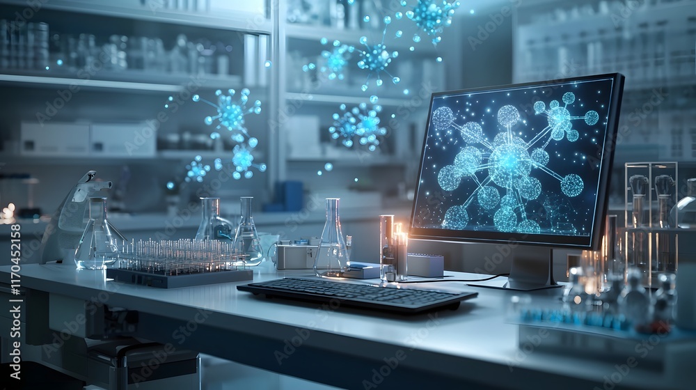 Poster Futuristic laboratory setting with a quantum computing system visualizing intricate atomic structures featuring glowing holograms of atoms in motion