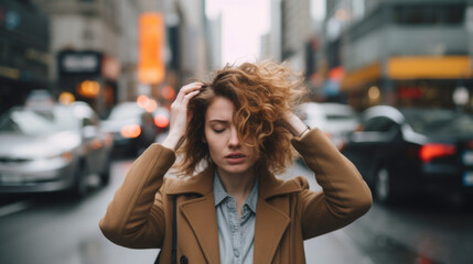 Stressed Businesswoman in a Crowded City Street, Overwhelmed by Urban Life. Life coaching or stress management workshops. Mental health counseling services. 
