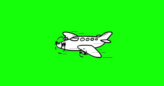 Cartoon black and white aeroplane green screen. Isolated flying cartoon animation three discs propellers engines machine. Seamless loop. Crazy doodle whiteboard outline.