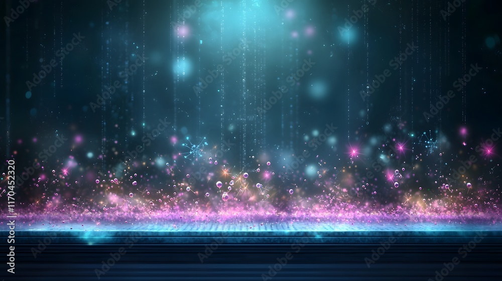 Poster quantum computing interface analyzing atomic behavior during experiment with glowing particle simula