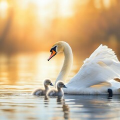 Fototapeta premium A swan cleaning her cygnets under her wing.