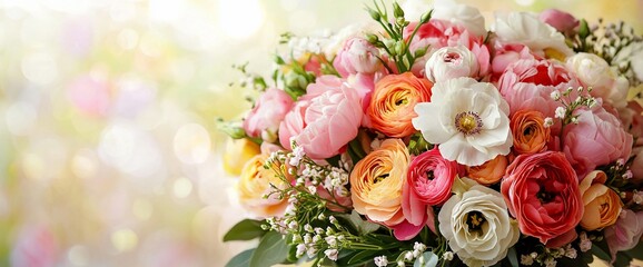 Fototapeta premium Vibrant spring bouquet of colorful ranunculus, peonies, and other blossoms.