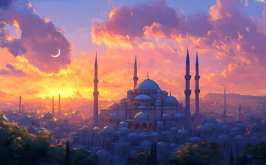 Naklejka premium Majestic Mosque Sunset Cityscape Serene Evening View