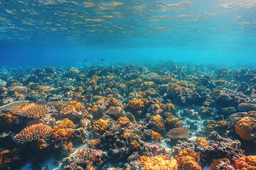 Obraz premium Colorful coral reef in shallow blue ocean.