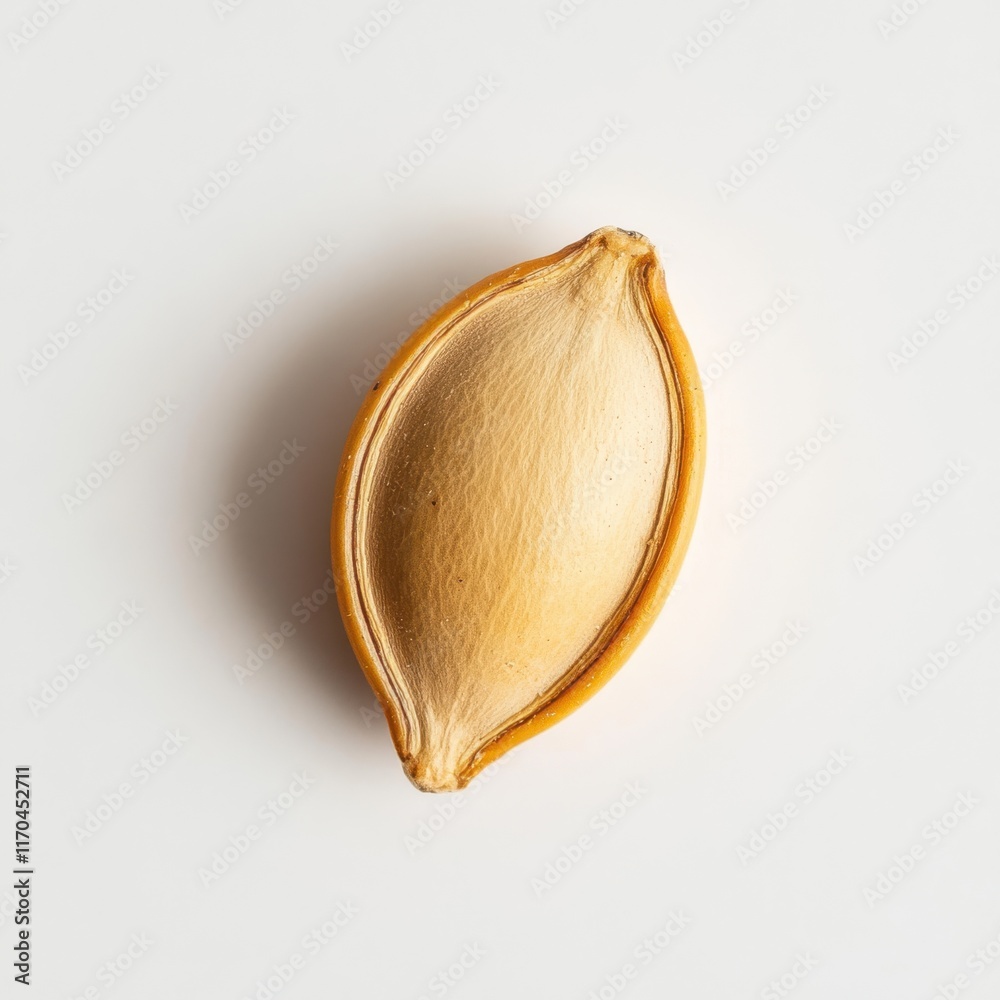 Poster roasted pumpkin seed resting on a light background showcasing its smooth and glossy surface
