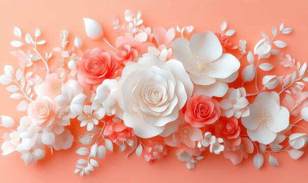 Paper Flower Arrangement: Delicate and intricate paper flowers in soft hues of white and peach create a stunning floral display against a warm coral background.