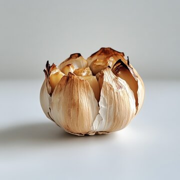 Roasted garlic bulb sitting on a clean surface showcasing golden brown color and unique texture