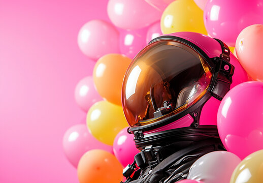 astronaut in colorful helmet stands against vibrant pink backdrop filled with balloons, creating playful and whimsical atmosphere - Powered by Adobe