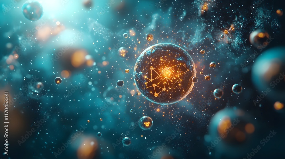 Poster visually captivating quantum enhanced experiment showcasing the glowing atomic orbits and particle i