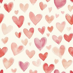 Colorful watercolor hearts pattern for a romantic atmosphere in a light background