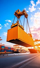 Fototapeta premium Global Trade in Motion: A powerful crane lifts a bright orange shipping container against a backdrop of a bustling port and a dramatic sunset sky. The image evokes a sense of movement, efficiency.