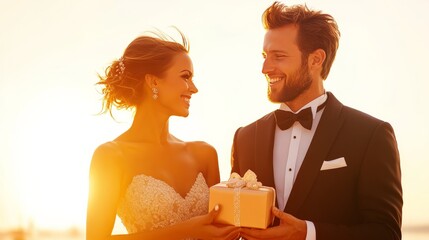 Golden Hour Proposal: A romantic couple, elegantly dressed, exchange a gift at sunset.  The warm light and intimate moment capture the essence of love and commitment. 