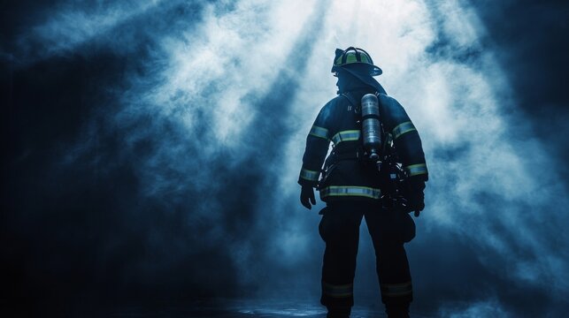 Firefighter silhouetted in smoky scene, back view.