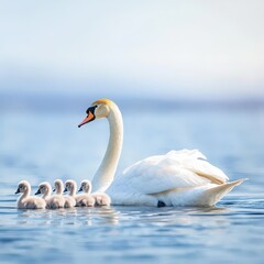 Fototapeta premium A swan cleaning her cygnets under her wing.