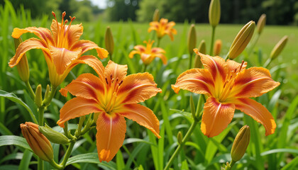 Fototapeta premium Orange daylilies blooming in green field