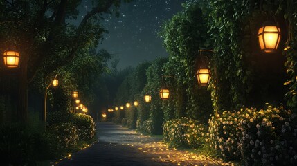 Serene countryside road illuminated by lanterns and lined with blooming flowers amidst tranquil night