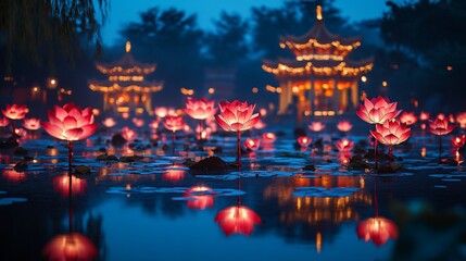 Illuminated Lotus Flowers in a Chinese Garden at Night