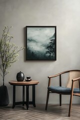 vertical picture frame mockup on soft color wall with stylish setup