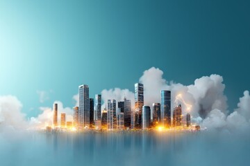 Fototapeta premium Futuristic Cityscape with Sleek Skyscrapers Rising Above Clouds and Radiant Lights, Symbolizing Urban Growth and Modern Architecture Against a Blue Sky