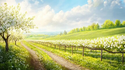 Naklejka premium Picturesque vineyard in spring bloom showcasing lush greenery and vibrant blossoms under a bright blue sky