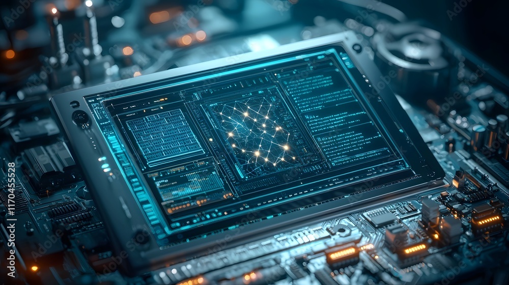 Poster holographic quantum computing interface running complex simulation software with glowing qubit pathw