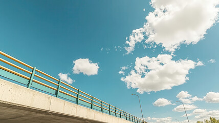 Naklejka premium Aerial view of concrete overpass under bright blue sky with clouds