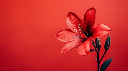 Obraz premium Vibrant red flower against a striking red backdrop evokes a romantic theme.