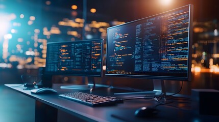 Cutting edge quantum computing setup showcasing real time software analytics and intricate quantum circuit designs leaving ample copy space on the left for added context or branding