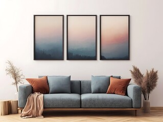 poster frame mockup with cozy lounge area and light-toned decor