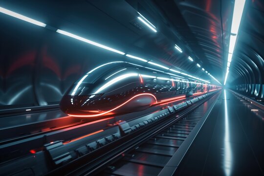 Sleek futuristic high-speed train in dynamic underground station, showcasing innovation, modern transit, LED lights, aerodynamic design, and advanced transportation technology.