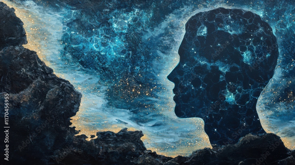 Aufkleber mystical profile of a man filled with cosmic elements against a dark backdrop