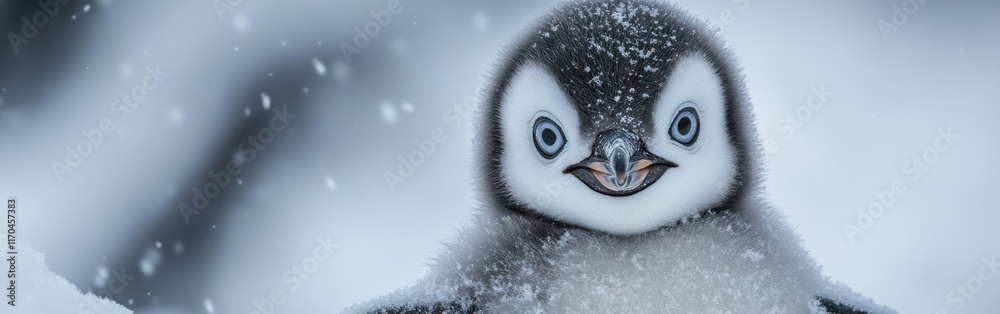 Poster close-up view of a penguin chick's face in a snowy environment during winter