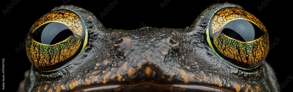 Poster macro capture of a frog's face highlighting intricate eye details and textured skin under natural li