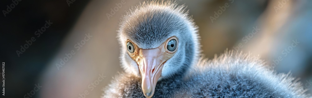 Poster Flamingo chick's close-up showcasing fine details of its soft feathers and curious gaze in a natural habitat setting during daylight