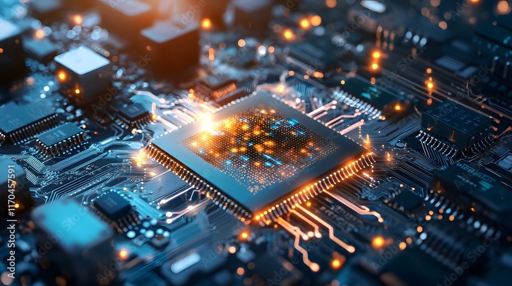 Poster futuristic quantum computing interface with glowing qubit pathways processing massive big data strea