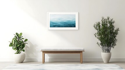 simple white frame mockup above small modern bench in contemporary room