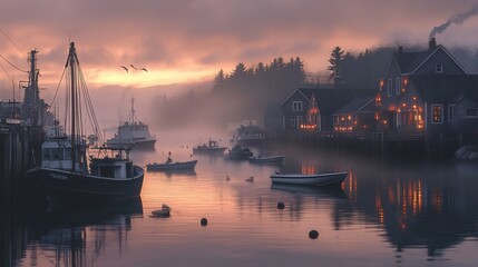 Fototapeta premium Misty harbor sunrise with fishing boats and village lights