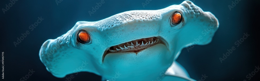 Poster macro close-up of a hammerhead shark revealing unique facial features and striking eyes in underwate